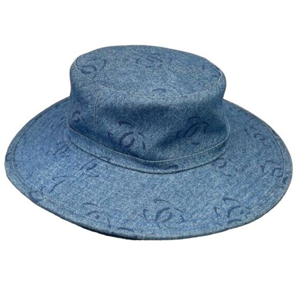 Authentic CHANEL CC Denim Hat Wide Brim Bucket Cap 58 Blue - Picture 2 of 5